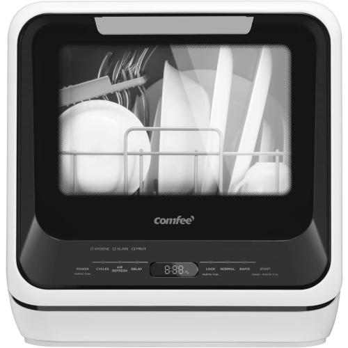 COMFEE' Portable Mini Dishwasher Countertop with 5L Built-in Water Tank for Apartments& RVs, No Hookup Needed, 6 Programs, 360° Dual Spray, 162℉ High-Temp& Air-Dry Function