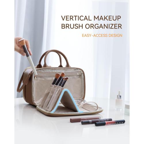 Prite Large Makeup Bag, Waterproof Travel Cosmetic Case with Brush Holder