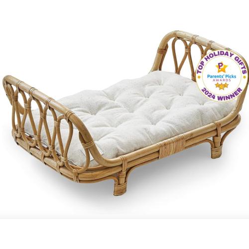 BEBE BASK Large Premium Rattan Doll Bed - Handcrafted & Award-Winning - - Fits American Girl & Our Generation - Luxe Mattress - Baby Photoshoot Props (Large)