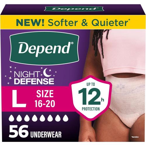 Depend Night Defense Adult Diapers, Incontinence & Postpartum Bladder Leak Underwear for Women, Disposable, Overnight, Large, Blush, 56 Count (4 Packs of 14), Packaging May Vary