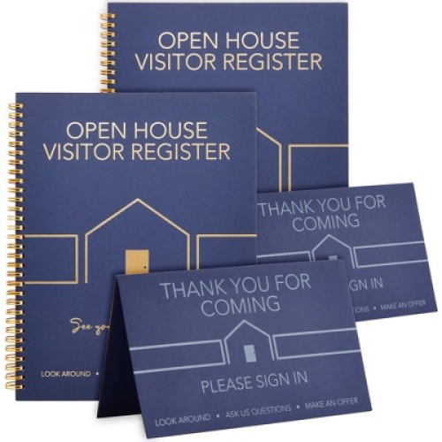 Juvale 2-Pack Sign In Book for Open House Visitors, Guest Registry with 2-Pack Realtor Tent Cards for Real Estate Agent Supplies, Navy Blue, 8.5x11