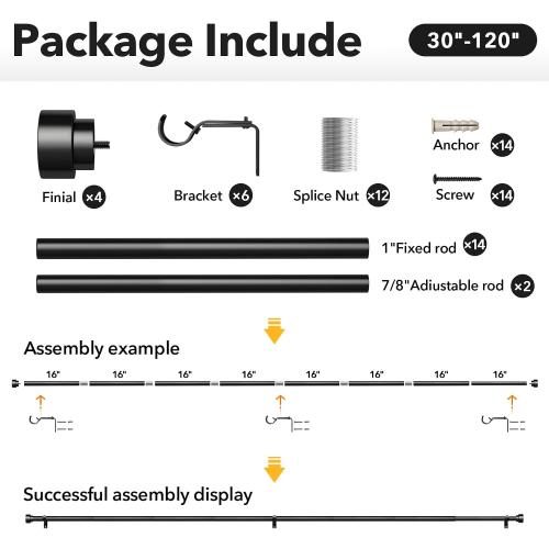 2 Pack Heavy Duty Curtain Rods for Windows 66 to 120 Inch, 1 Inch Black Adjustable Curtain Rod Set with Easy Installation and Modern Design (A1,Black,30-120,2Pack)