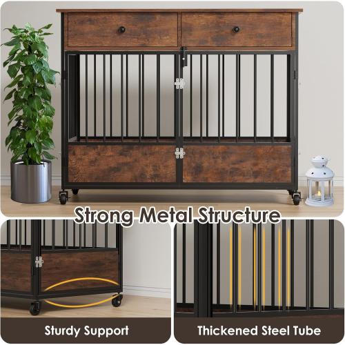 44.5 Dog Crate Furniture, Wooden Dog Kennel with Storage Drawers, Large Dog Cage with Wheels, Heavy Duty Wooden Dog Crate End Table with Steel Tubes for Big Breed