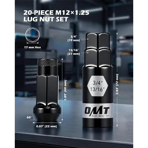 OMT M12x1.25 Lug Nuts with Cone Seat, 20pcs Lug Nuts Set with 1 Socket Key
