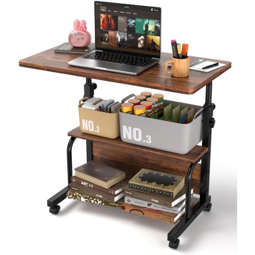 QZMDSM Portable Rolling Desk on Wheels Adjustable Height Desks for Small Spaces, 32 Computer Desk Drafting Tables with Storage Shelves for Home Office Rustic