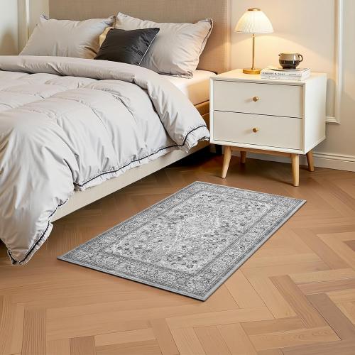 Grey Small Washable Area Rug, 2x3 Boho Vintage Entryway Rugs, Soft Non Slip Floral Door Mat, Aesthetic Low Pile Carpet for Front Door Entry Carpets Entrance Bedroom Kitchen