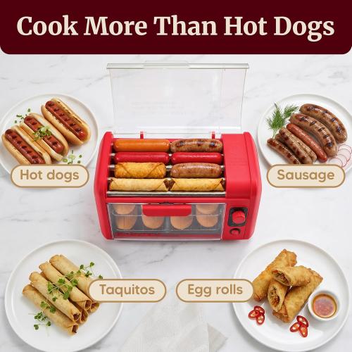 Elite Gourmet 8-Hot Dog Roller/Toaster Oven, 5 Rollers, Auto Shut-Off, Red
