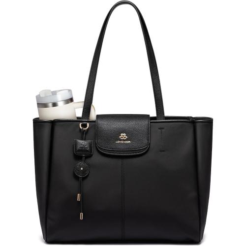 LOVEVOOK Laptop Tote Bag for Women,Nylon Work Totes with 15.6 Inch Laptop Compartments, Lightweight Computer Purse with Large Cup Holder,Travel Tote with Luggage Straps***Black