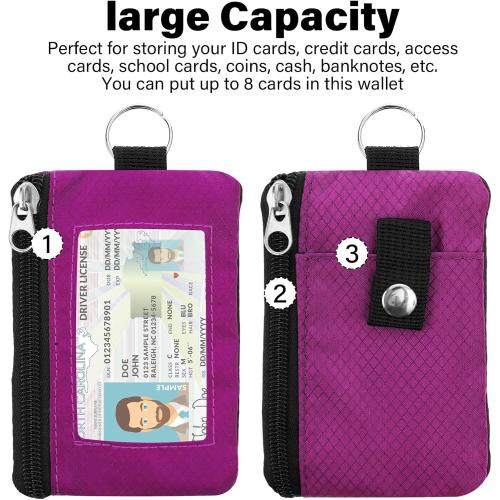 Minimalist RFID Wallet with Lanyard, Multi-Functional ID Case with 2 Zipper Pockets and Key Chain for Men and Women, Tactical Badge Pouch Cards Holder, Coin Purse for Travel Sports - Rose