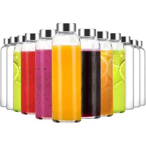Luxfuel 18 oz Clear Glass Water Bottles with Lids, Reusable Glass Juice Bottles with Stainless Steel Cap for Juicing, Refrigerator,100% Leak Proof, BPA Free, Set of 24