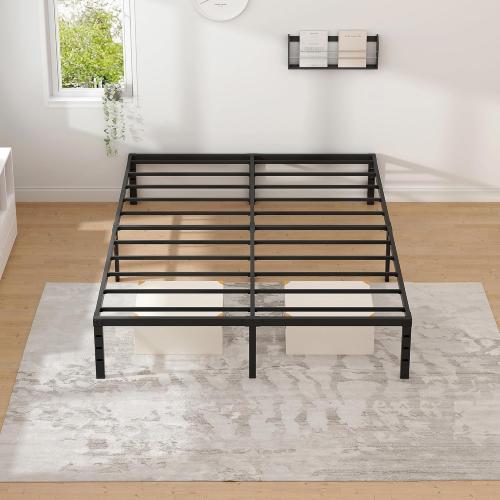 14 Inch Queen Metal Bed Frame,Queen Size Bed Frame with Storage Space,Heavy Duty Sturdy Mattress Foundation,Easy Assembly,No Box Spring Needed, Black,14 Inch,Queen