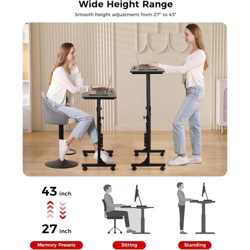 Standing Desk Adjustable Height, Mobile Stand Up Desks with Wheels Small Computer Desk Rolling Desk, Portable Laptop Desk Black Standing Table Sit Stand Home Office Desks 16x31.5 Height 27-43.5