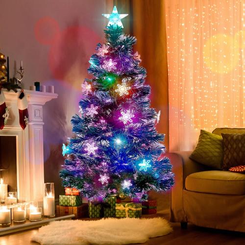 Prsildan 5 FT Artificial Christmas Tree, Pre-Lit Optical Fiber Xmas Trees with Multicolor LED Lights, Snowflakes & Top Star, Lighted Christmas Tree Holiday Home Decor