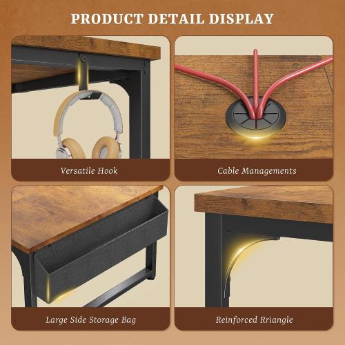 55 x 24 inch Desk with Power Outlets, Computer Desk with Monitor Stand & Light & Storage Bag, 0.95 Inch Thicker Desktop of Office Desk, Writing Desk for Home Office, Study, Bedroom, Brown