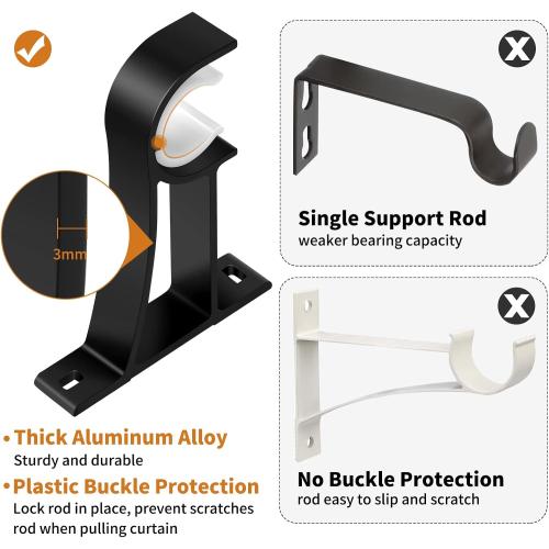 KOLAKO 8 Pack Curtain Rod Bracket, 1 Inch Heavy Duty Holder Black Drapery Single Hooks for Wall