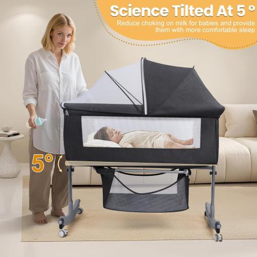 Bedside Bassinet Baby Crib, 3-in-1 Bedside Crib with Storage Basket