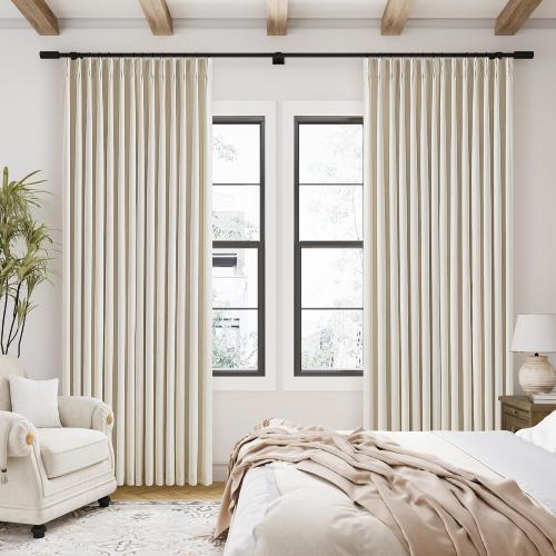 Cream Beige Linen Pinch Pleat Black Out Curtains 84 Inch Length 2 Panels