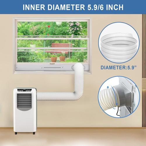 Portable AC Window Vent Kit, Adjustable Vertical/Horizontal Sliding Window Kit Plate for AC Unit, Seamless Portable AC Window Seal With 5.9 Inch Diameter, 59 Inch Length Exhaust Hose