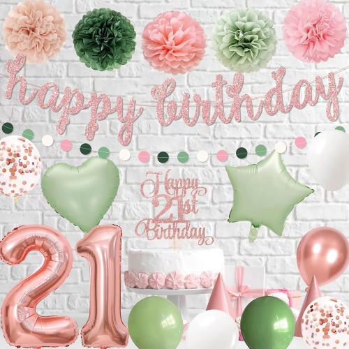 Holkcog 21st Birthday Decorations for Women, Green Pink 21st Bday Banner