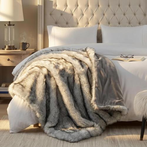 Hyde Lane Ultra Long Pile Faux Fur Throw Blanket, Luxury Fluffy with Black Tipped Blankets for Home Decor, Fuzzy Plush Animal Wolf Color Throws As a for Women, Direwolf, 60x80