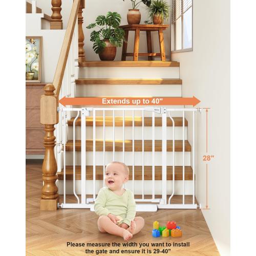 Baby Gate No Drilling, 29-40 Dog Gate Indoor for Stairs & Doorways | Auto Close, Pressure Mounted Adjustable Pet Gate Indoor, Easy Walk Through Child Gate for Baby & Pet Stroller Friendly, White