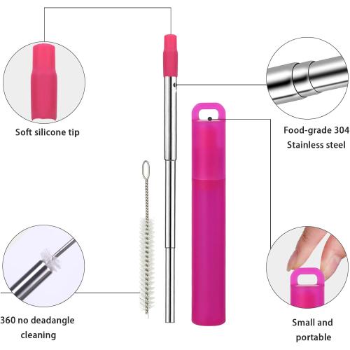 NAIVELY-Metal Reusable Straws 3 Pack Collapsible Portable Stainless Steel Drinking Straw Telescopic Travel Straw, with Case and Cleaning Brush Foldable Pocket Straws