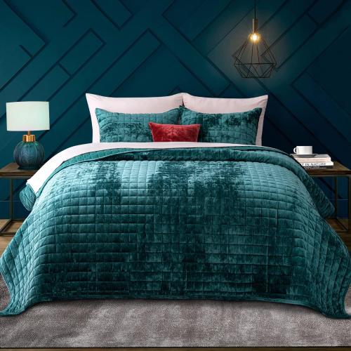RECYCO Channel Box Stitch Velvet Quilt Set, Full Queen Size, Teal