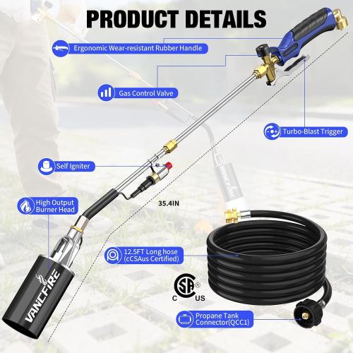 Propane Torch Weed Burner Kit with Storage Bag,35.4 High Output Blow Torch with Long/Short Mode & 12.5FT Hose,Heavy Duty Flamethrower with Turbo Trigger for Weeding,Asphalt Melting,Ice Snow Melting