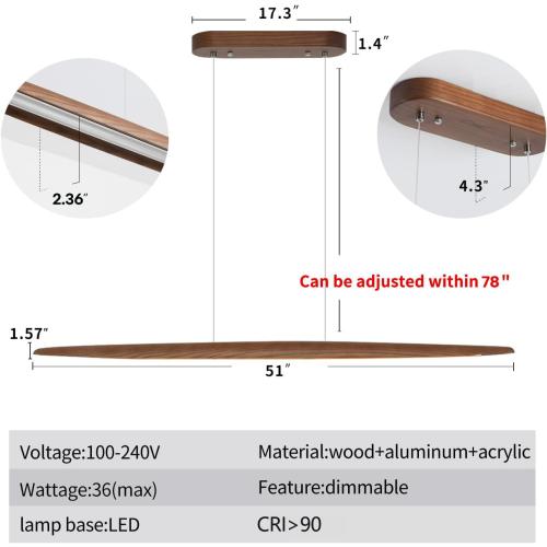 51 Wood Linear Pendant Light Wood Dining Room Light Fixture Modern Pool Table Lights Kitchen Island Lights for Dining Room Bar Kitchen Island Walnut Color