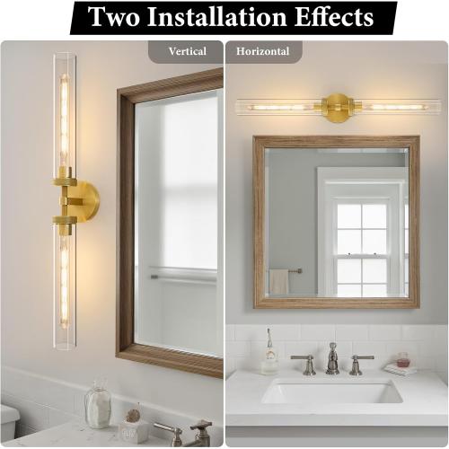 Knurled Brass Tube Wall Sconce: Set of 2 Modern Gold Bathroom Linear Lights