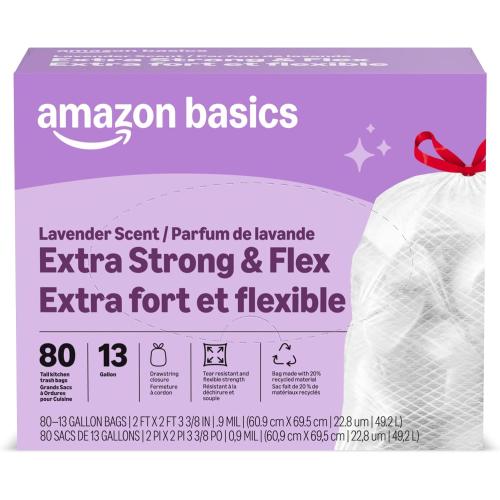 Amazon Basics Ultra-Force Tall Kitchen Drawstring Trash Bags, Lavender Scented, 13 Gallon, 80 Count, Pack of 1, Packaging May Vary