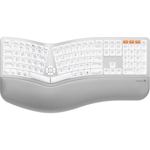 ProtoArc EK01 Plus Backlit Bluetooth Ergonomic Keyboard, White Silver | Adjustable brightness, split design, cushioned wrist rest, connect 3 devices via Bluetooth/2.4G, 2000mAh USB-C rechargeable.