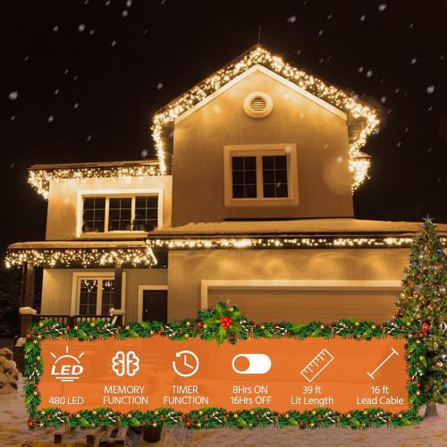 Icicle Christmas Lights Outdoor, 480 LED 39FT Icicle String Lights with 96 Drops 8 Modes and Timer, Twinkle Icicle Fairy Lights for House Patio Bedroom Wedding (Warm White)