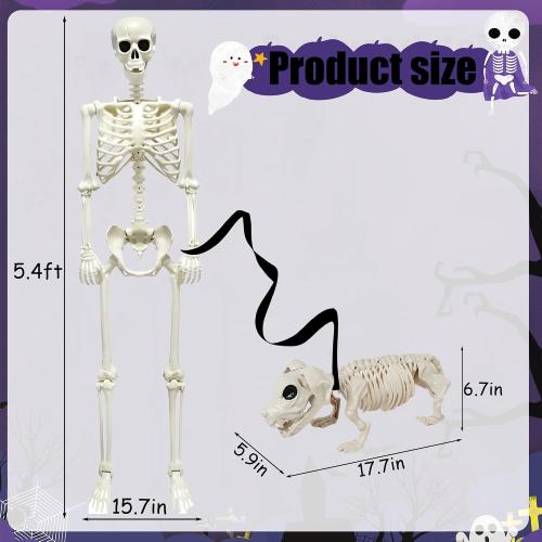NEROSUN  Halloween Skeletons Decoration, Posable Life Full Size Skeleton with Dog Skeleton, Realistic Plastic Human Bones for Halloween Props Haunted House Graveyard Party Decor