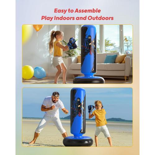 QPAU Punching Bag for Kids, 66 Inch Stable Inflatable Boxing Bag with Boxing Gloves, Stand Kids Punching Bag Toy for Boys & Girls Age 6-12, Boxing Set for Practicing Karate, Taekwondo, MMA