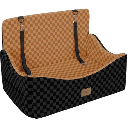 JOEJOY Dog Car Seat for Medium/Large Dogs - Reversible Dual-Sided Travel Dog Car Bed with Memory Foam, Washable Pet Booster Seat for Dogs up to 55 lbs or 2 Small Dogs, 2 Safety Leashes, Brown