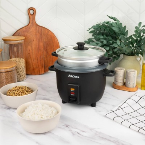 Aroma 6 Cup Rice Cooker with Outer Steam Tray Black‼️light dirt and missing clear lid‼️