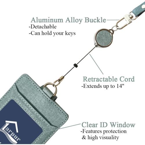 Larpur Vertical ID Badge Holders PU Leather ID Card Holder Detachable Neck Lanyard and Retractable Reel with 1 Clear Window & 2 Card Slots (Lake Blue)