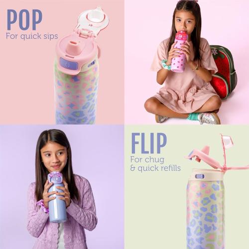 Ello Kids Pop & Fill 18oz Stainless Water Bottle, Sip or Chug, Cheetah