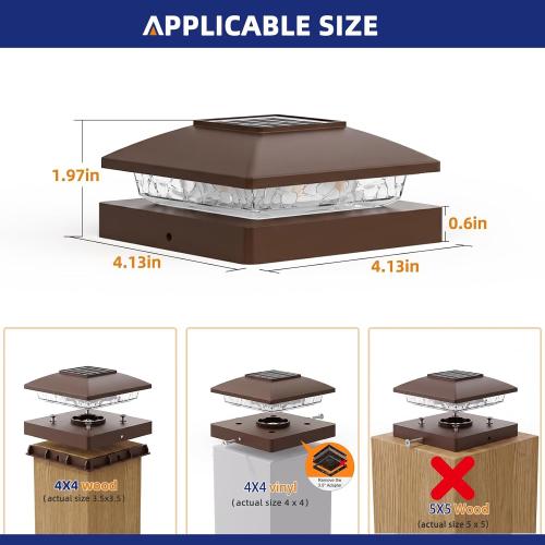 APONUO Solar Post Cap Lights for 4x4 Posts - IP64 Waterproof, Warm/Cool White, Wireless Fence Lights & Deck Lights for Patios, Gardens, and Yards, Brown,12 Pack