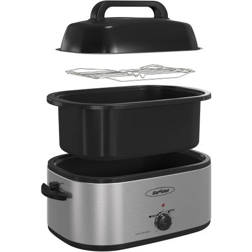 Sunvivi Electric Roaster,28 Quart Roasting Oven with Self-Basting Lid Removable Pan,Turkey Roaster Oven with 150 to 450F Temperature Control Cool-Touch Handles, Sliver. No warranty