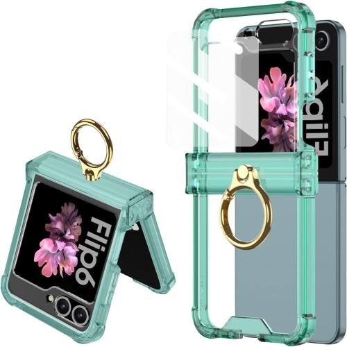 for Samsung Galaxy Z Flip 6 Clear Case Luxury Hinge Protection with Ring Holder & Screen Protector Soft All-Inclusive Shockproof Cover (Green)