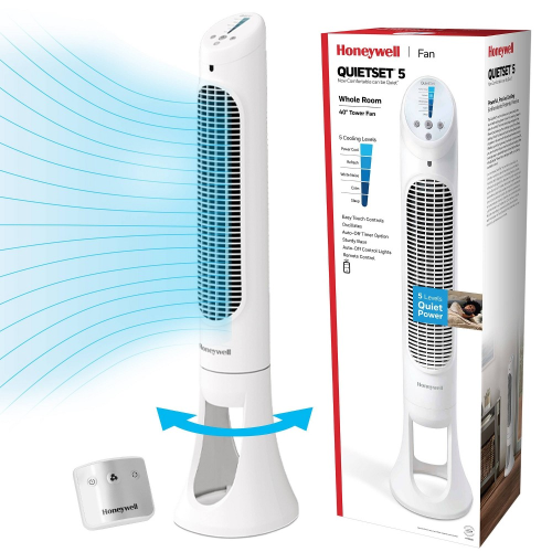 Honeywell 40 inch Bedroom and Living Room White Oscillating QuietSet Tower Fan with 5 Levels of Quiet Remote Control and Powerful Airflow for Fast Whole Room Cooling HYF260W