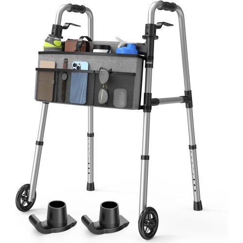 Folding Walker with Basket and Glide Skis, 5 Wheels Lightweight Walkers for Seniors and Adults, Supports Up to 350 Pounds, Adjustable Height, Compact Standard Walker