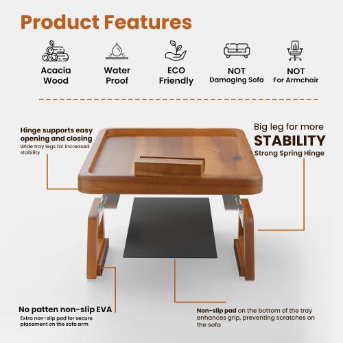 Tinamo 15.7 x 11 Large Couch Arm Table with 360 Rotating Phone Holder - Sofa Arm Clip Table for Living Room - Sofa Armrest Tray Wide Couches - Wooden Side Tables for Eating and Drink (Acacia Wood)