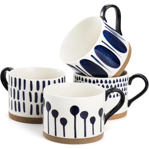 SOUJOY Set of 4 Large Ceramic Coffee Mugs, 15 Oz Hand Painted Coffee Cups with Handles, Vintage Glazed Porcelain Soup Mugs for Tea, Hot or Cold Drinks, Best Gifts for Birthday, Thanksgiving, Christmas