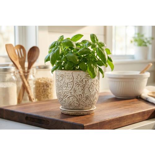 Decorative Ceramic Planter Pot with Saucer, Brown with Gold and Silver Owl Pattern, Indoor Garden Container with Drainage (White, 6 inch)