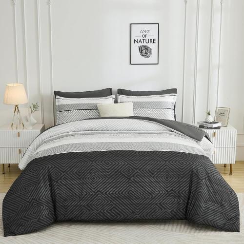 Black and Grey Comforter Set Queen Size 7 Piece Bed in a Bag