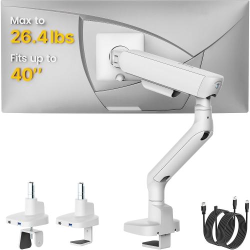 monTEK Mechanical Spring Single Monitor Arm with USB for 40in Screen White