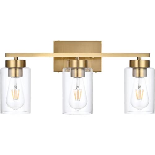 3-Light Bathroom Vanity Light, Modern Brushed Gold Wall Lights with Clear Glass Shades, Bathroom Wall Sconce Lamp for Mirror Living Room Bedroom Hallway